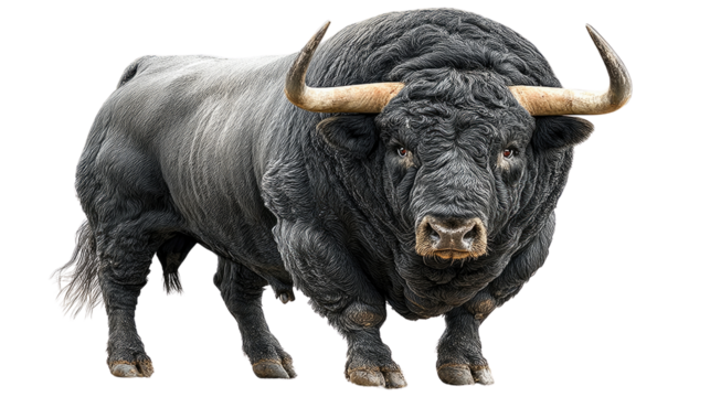 Powerful Bull: A majestic bull stands proudly, its imposing form and formidable horns a testament to its strength and dominance. Captured in striking detail, showcasing raw power and natural beauty.