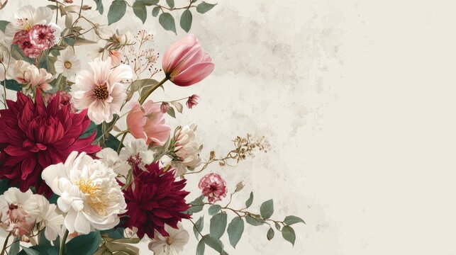 Vintage floral arrangement with burgundy dahlias and pink tulips on beige background