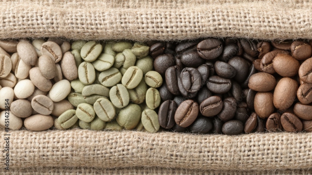 Poster coffee beans in various stages of roasting, arranged in a burlap sack