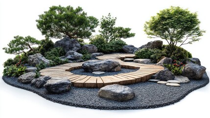 Zenithal Tranquility,Serene Garden Design with Pathway Amidst Verdant Foliage