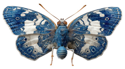 Fototapeta premium Exquisite Blue Butterfly: Detailed top view of a butterfly displaying its azure wings and delicate features, captured in a stunning close-up, showcasing the beauty of nature.