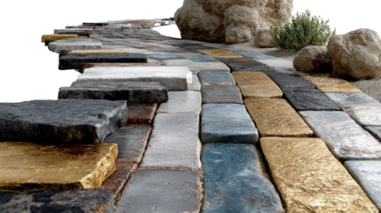Stone Pathway to Discovery: A meticulously crafted stone pathway leads the eye forward, inviting exploration. The path's varying colors and textures add depth.