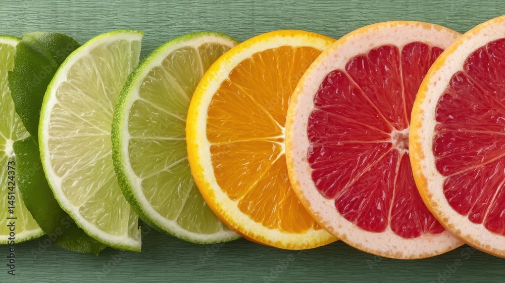 Poster colorful citrus fruit slices arranged in a row on a vibrant green background