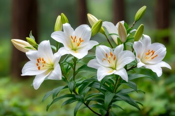 White lilies blooming in a peaceful garden setting