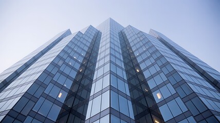 Obraz premium Symmetrical glass facade of a modern building, showcasing architectural precision, geometric patterns, and reflective surfaces in contemporary urban design.
