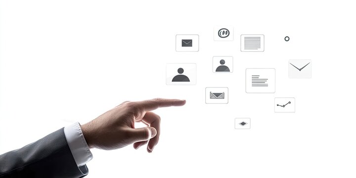 Business hand interacts with digital communication icons - Powered by Adobe