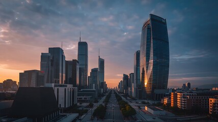 Fototapeta premium Urban skyline featuring modern towers and high-rise buildings, representing contemporary city life, architecture, development, and metropolitan growth at sunset or daylight.