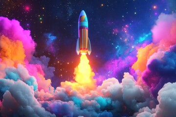 colorful stylized rocket launching into abstract space with vibrant clouds, 3d render
