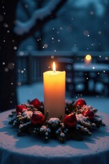 Snowy night, patio advent wreath, third candle lit, photography, outdoor, background