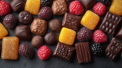Assortment of exquisite chocolates and fresh berries on a dark background