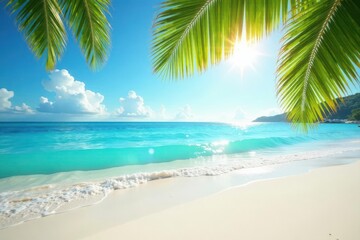 Obraz premium Sun-kissed white sand, gentle waves, palm frond silhouette , palm, summer, peaceful
