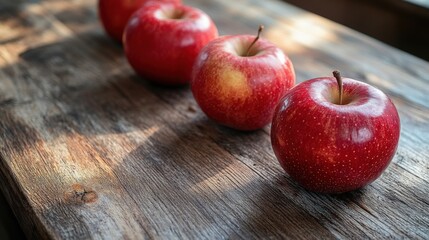 Four shiny red apples arranged in a row on a rustic wooden table with soft natural lighting