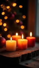 Warm brown wood, burning candles, Christmas star, festive glow , Christmas, light