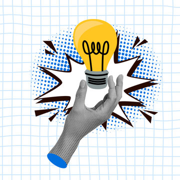 Collage Halftone Hand holding a glowing light bulb. Idea sign solution thinking. vector illustration
