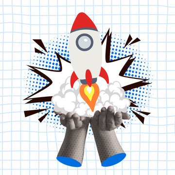 Collage Halftone hand holds a glowing rocket. ship growth and innovation. vector illustration