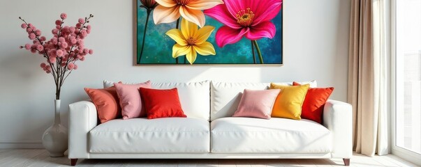 White sofa, colorful pillows, bold flowers, abstract art, vibrant decor , modern, home