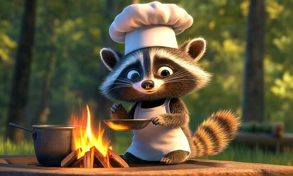 The Raccon chef cooking in the forest