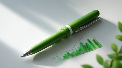 A Green Pen Imagining a Sustainable Investment Future on a Clean White Surface