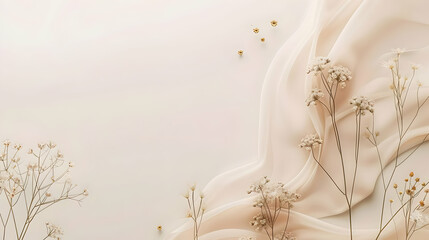 Soft, delicate arrangement of light beige fabric, tiny flowers, and dried sprigs.