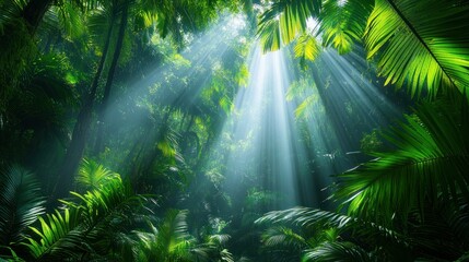 Sunlight streams through dense tropical foliage
