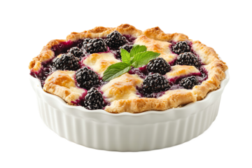 A blackberry pie with a flaky crust in a white ceramic dish garnished with a sprig of fresh mint