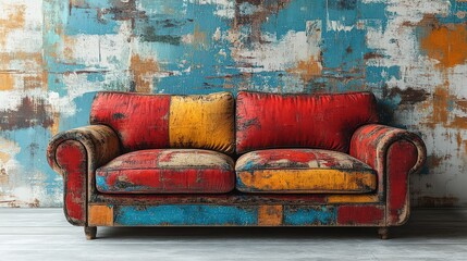 Vintage colorful couch against a textured wall with vibrant paint splashes, creating a retro vibe