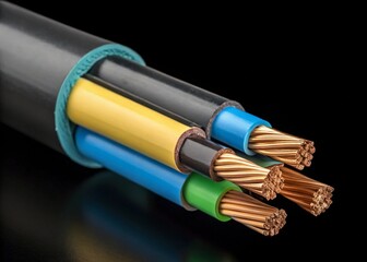 Stranded copper electrical wires close-up, colorful insulation, engineering macro view