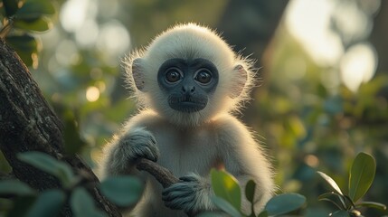 Fototapeta premium Infant monkey with bright inquisitive eyes nestled amid lush greenery and sunlight