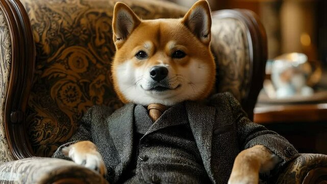 A Shiba Inu dog dressed in a classic suit sits in a luxurious armchair, creating a refined and sophisticated atmosphere with rich textures and high detail.