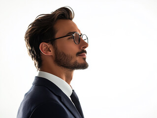 Close-up of a man wearing glasses on a white background, a man wearing glasses looks up