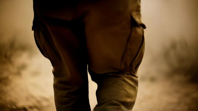 Soldier wearing a combat helmet and carrying a military backpack through a smoky environment, depicting service and conflict
