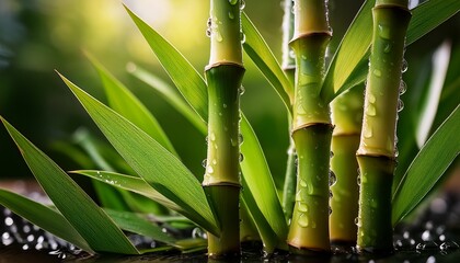 Fototapeta premium Serene Bamboo: Fresh Green Shoots with Dew Drops