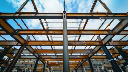 Steel beams forming the frame of a new building. stock photo --ar 16:9 --raw --v 6 Job ID: 62dafaaa-9946-477c-bfc3-1845a186b1b1