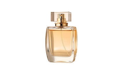 A bottle of women's perfume with a gold cap and a clear glass body