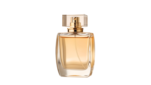 A bottle of women's perfume with a gold cap and a clear glass body