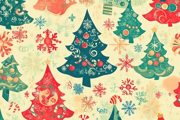 Festive christmas tree pattern with snowflakes and ornaments on cream background
