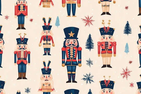 Festive nutcracker pattern with various soldier designs and snowflakes