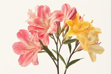 Close-up view of vibrant pink and yellow azalea blossoms.