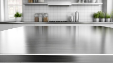 Empty stainless tabletop with blurred kitchen view background.