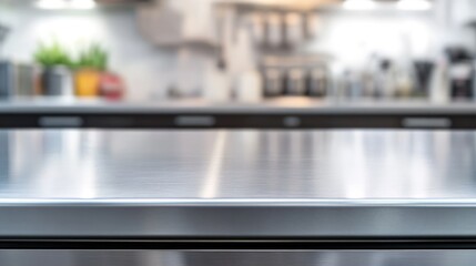 Empty stainless tabletop with blurred kitchen view background.