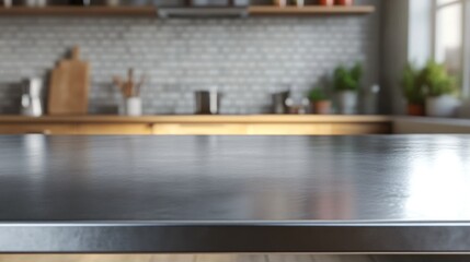 Empty stainless tabletop with blurred kitchen view background.