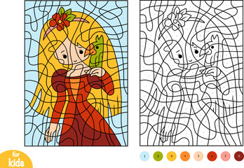 Color by number, education game for kids, Princess and parrot