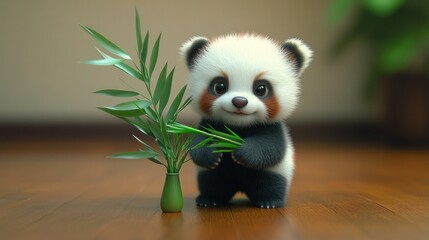 Obraz premium Adorable baby panda holding bamboo shoots, displaying playful innocence on wooden floor