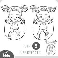 Cute girl jumping rope. Find differences, educational black and white game for kids