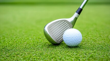 Premium Golf Club and Ball Resting on Fresh Green Grass Ready for a Perfect Shot