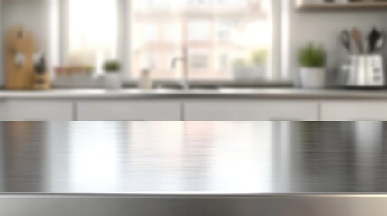 Empty stainless tabletop with blurred kitchen view background.