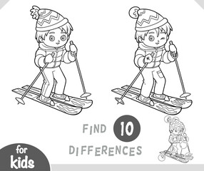 Cute cartoon boy skiing. Find differences educational black and white game