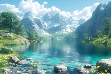 Serene alpine lake surrounded by mountains and lush greenery on a sunny day