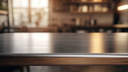 Fototapeta premium Empty stainless tabletop with blurred kitchen view background.