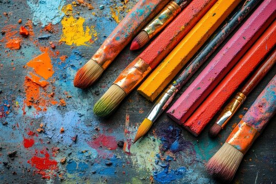 A vibrant collection of paintbrushes and colorful paint splatters on a textured surface, ideal for art projects